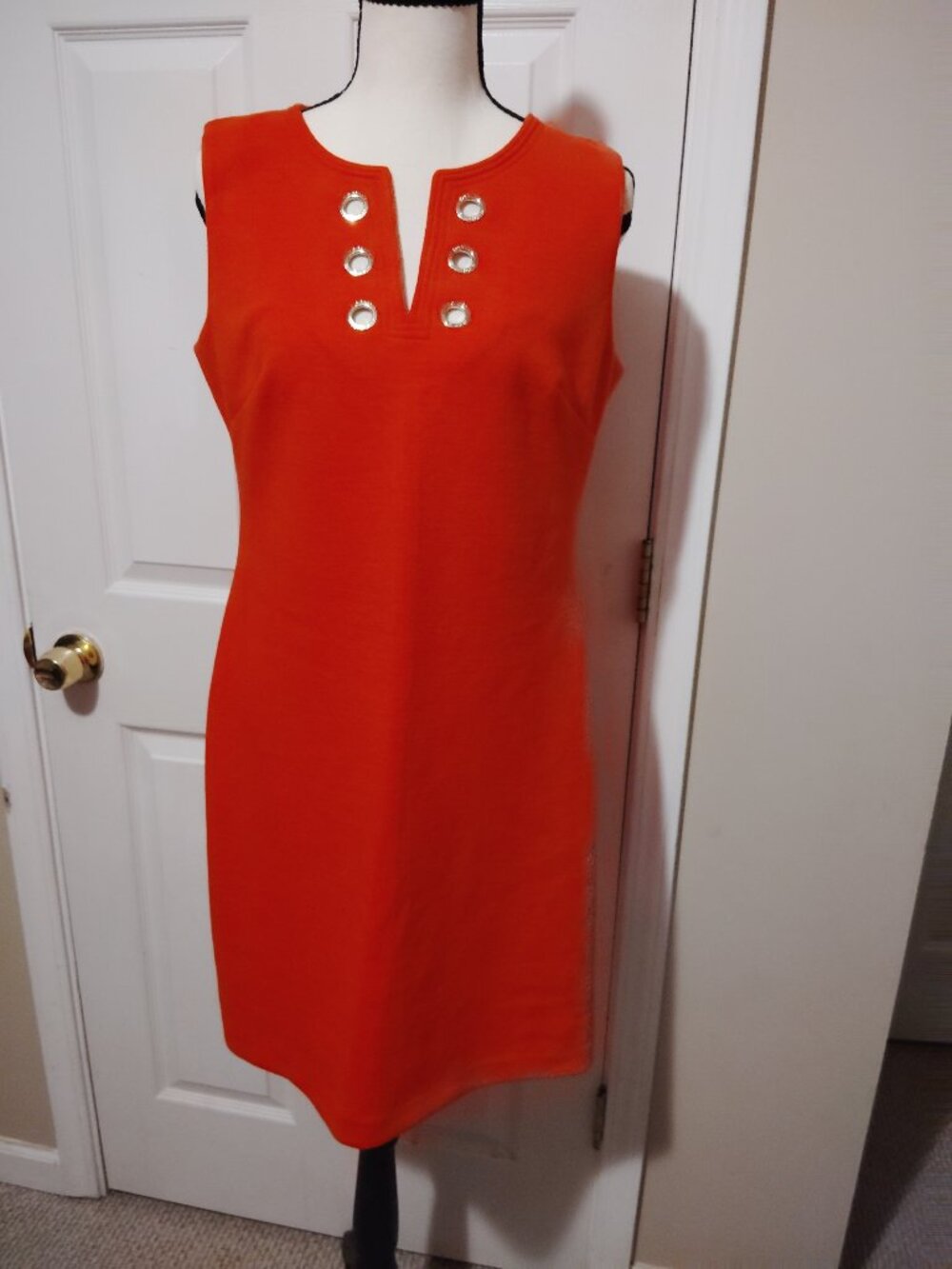Tommy Hilfiger Women's Elegant Orange Sleeveless Dress Silver Button Neckline. - Picture 3 of 5